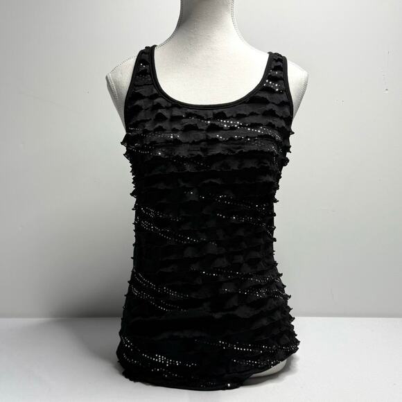 Vintage Y2K Love Kisses Size Small black tank top with flirty ruffle layers - Picture 1 of 5